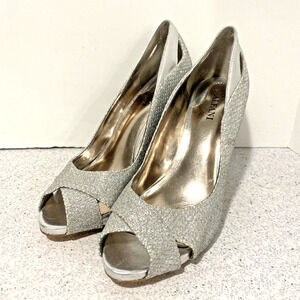Alfani Lyrra Dressy Silver Pumps US size 5.5 Open Toe Glittery Metallic Finish